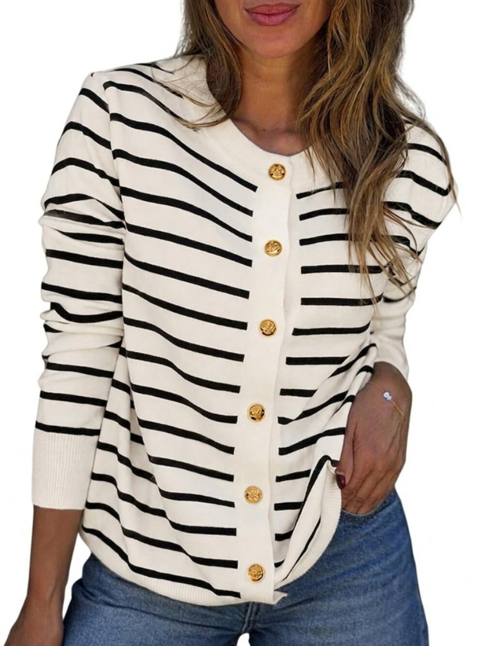 Women Striped Knit Cardigan Crewneck Button Down Sweater